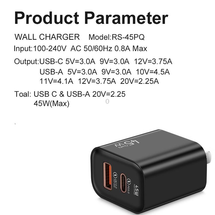 45PQ 45W PD25W + QC3.0 20W USB Fully Compatible Super Fast Charger, US Plug(Black)