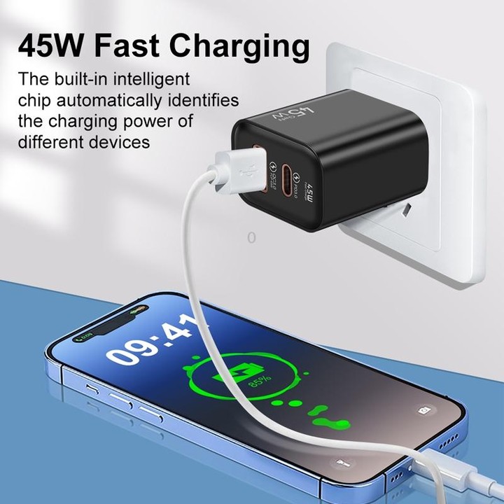 45PQ 45W PD25W + QC3.0 20W USB Fully Compatible Super Fast Charger, US Plug(Black)