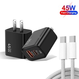 45PQ 45W PD25W + QC3.0 20W USB Super Fast Charger with Type-C to Type-C Cable, US Plug(Black)