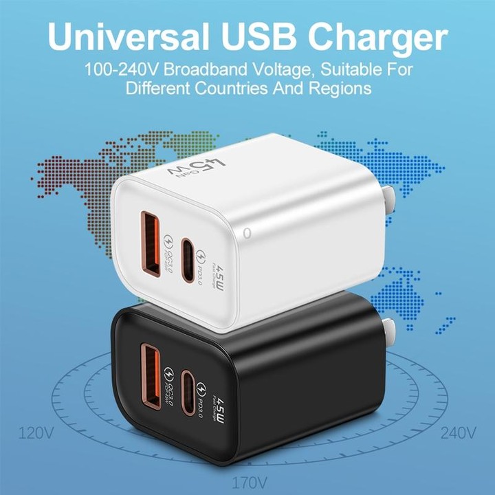 45PQ 45W PD25W + QC3.0 20W USB Super Fast Charger with Type-C to Type-C Cable, US Plug(White)