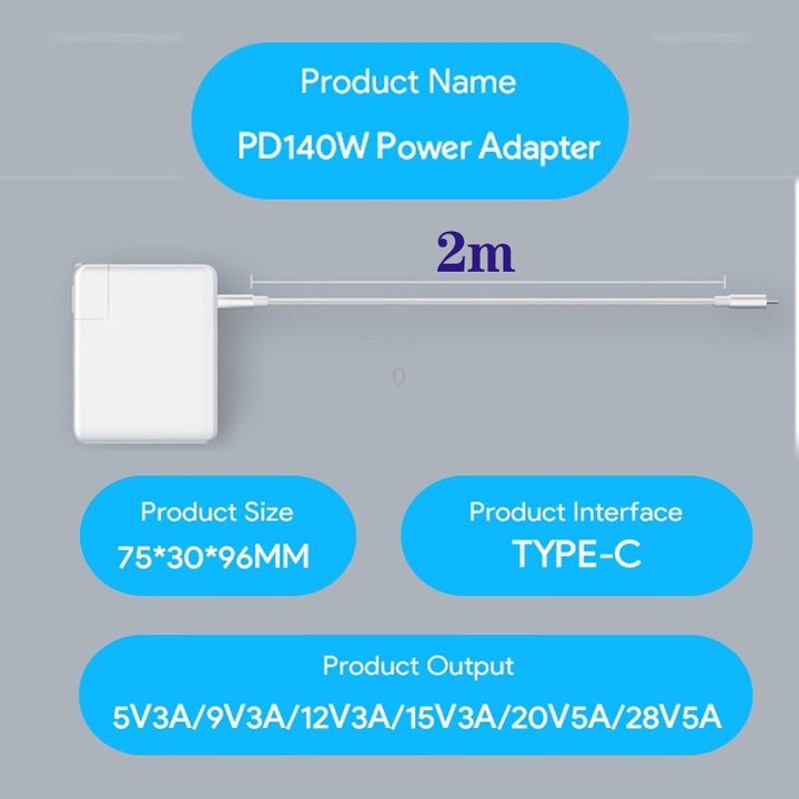 PD3.1 140W USB-C PD Laptop Power Adapter + 2m 5A USB-C to USB-C Data Cable EU Plug