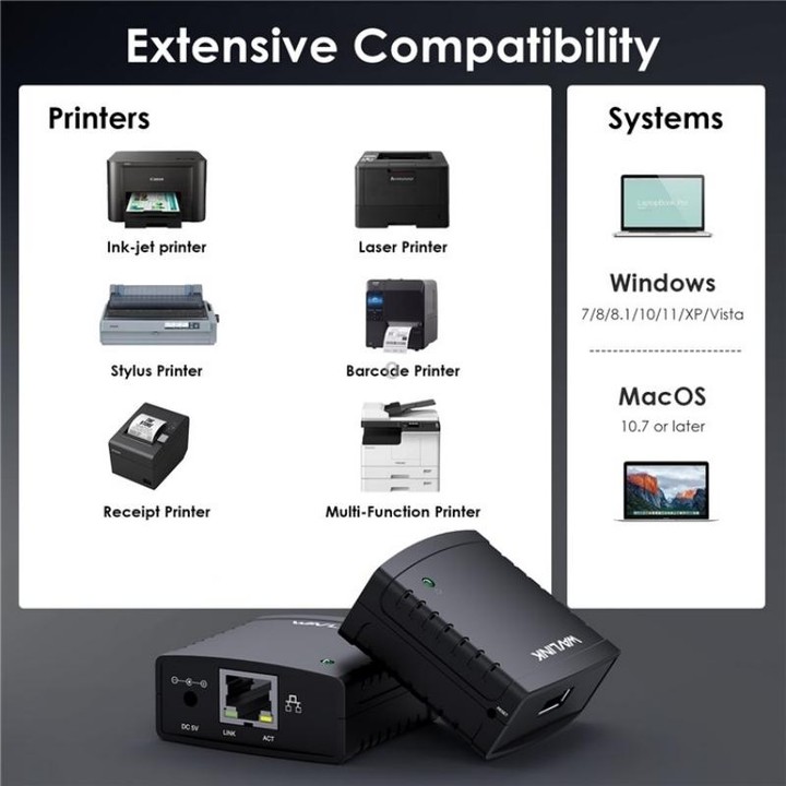 WAVLINK NU72P11 100Mbps Network Print Server USB 2.0 Network Printer Power Adapter(AU Plug)