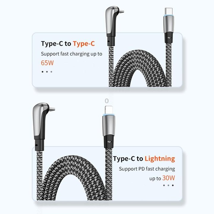 ENKAY PD65W Elbow Type-C to Type-C Fast Charging Data Braid Cable with Indicator Light, Length:0.5m