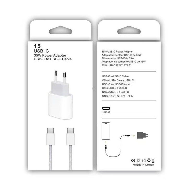 PD35W USB-C / Type-C Port Charger with 1m Type-C to Type-C Data Cable, EU Plug