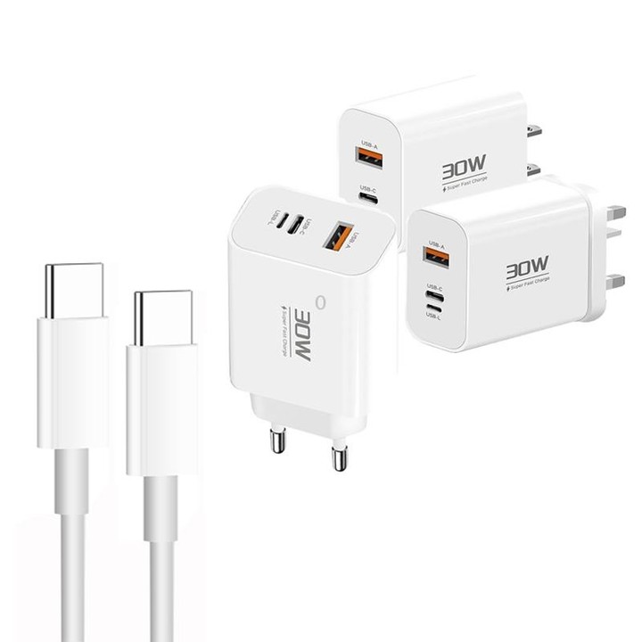 PD30W USB-C / Type-C + 8 Pin + USB Charger with Double Headed Type-C Data Cable(EU Plug)