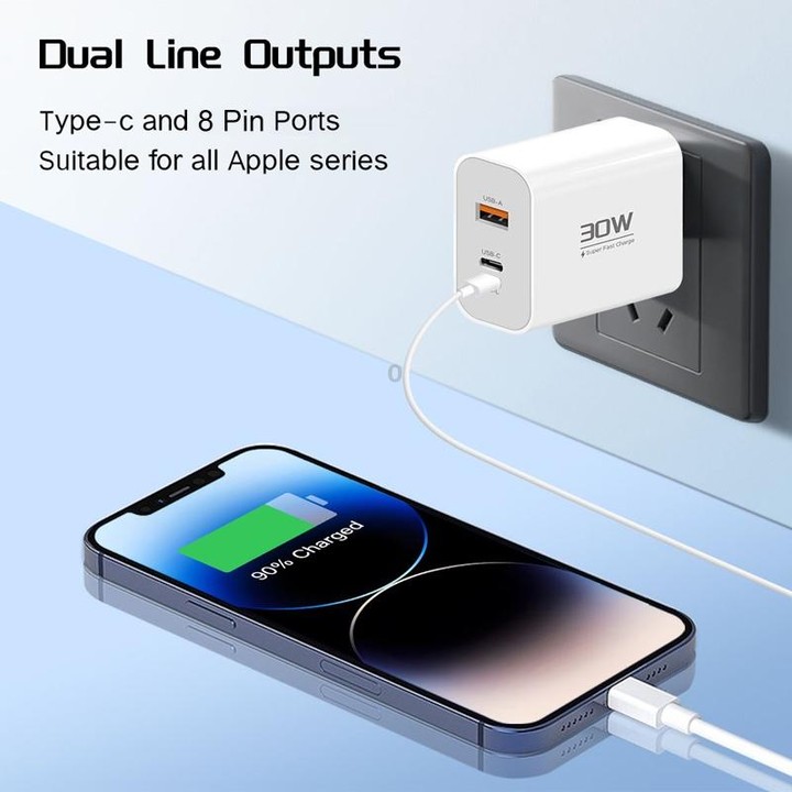 PD30W USB-C / Type-C + 8 Pin + USB Charger with Double Headed Type-C Data Cable(US Plug)