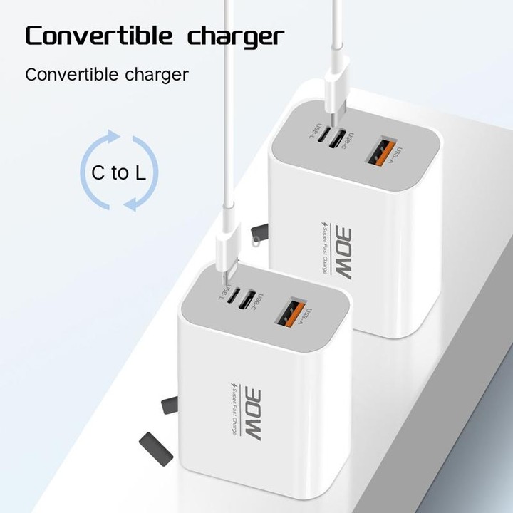 PD30W USB-C / Type-C + 8 Pin + USB Charger with Double Headed Type-C Data Cable(US Plug)