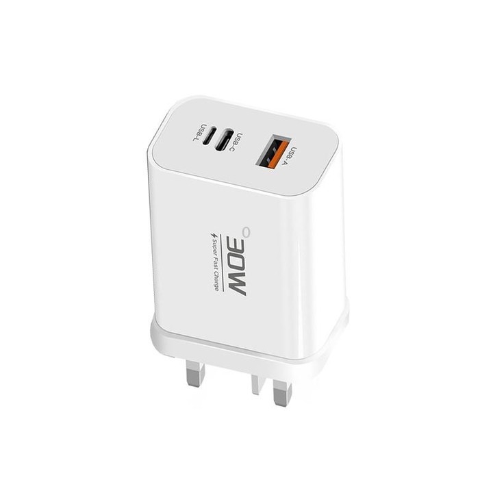 PD30W USB-C / Type-C + 8 Pin + USB Charger with Double Headed Type-C Data Cable(UK Plug)