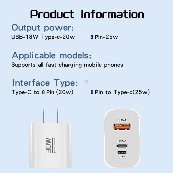 PD30W USB-C / Type-C + 8 Pin + USB Charger with USB to Micro USB Data Cable(US Plug)
