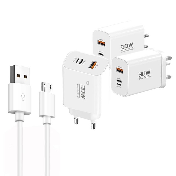 PD30W USB-C / Type-C + 8 Pin + USB Charger with USB to Micro USB Data Cable(US Plug)
