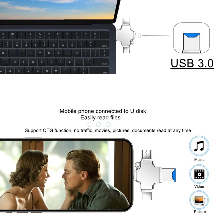 4 in 1 USB-C / Type-C USB 2.0 + Micro USB + 8 Pin Adapter TF Card Reader, Memory Card:16GB(Sliver)
