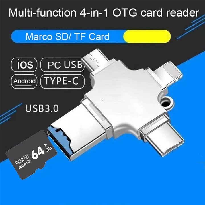 4 in 1 USB-C / Type-C USB 2.0 + Micro USB + 8 Pin Adapter TF Card Reader, Memory Card:16GB(Sliver)
