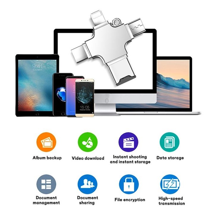 4 in 1 USB-C / Type-C USB 2.0 + Micro USB + 8 Pin Adapter TF Card Reader, Memory Card:64GB(Sliver)