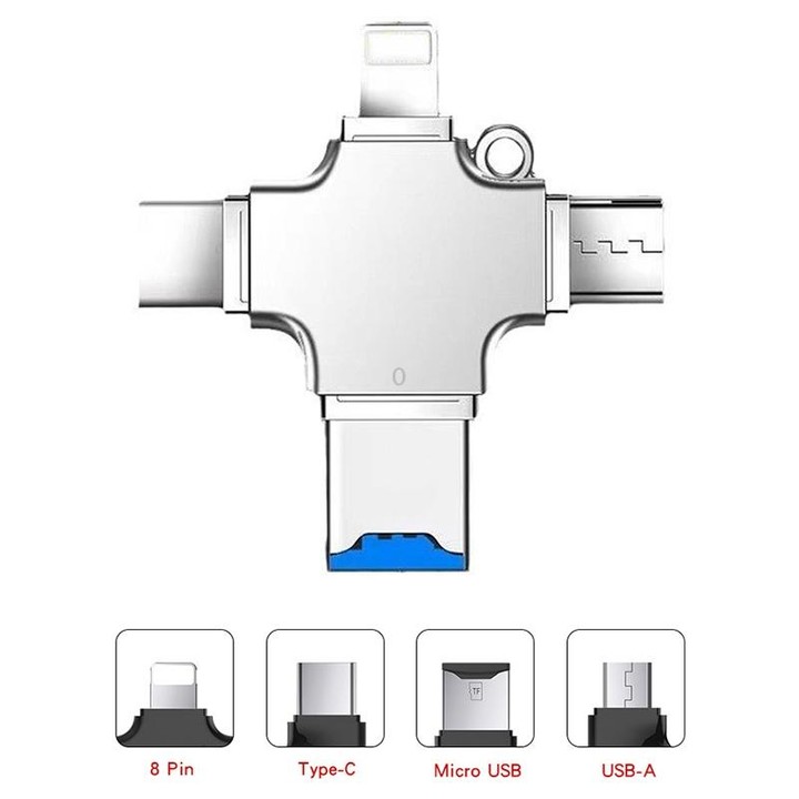 4 in 1 USB-C / Type-C USB 2.0 + Micro USB + 8 Pin Adapter TF Card Reader, Memory Card:64GB(Sliver)