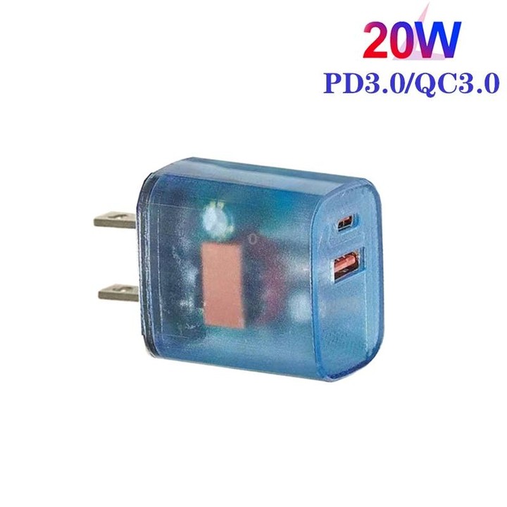 Transparent PD3.0 Type-C + QC3.0 USB Mobile Phone Charger, US Plug(Transparent Blue)