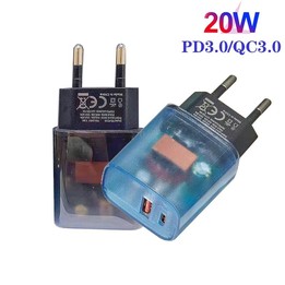 Transparent PD3.0 Type-C + QC3.0 USB Mobile Phone Charger, EU Plug(Transparent)