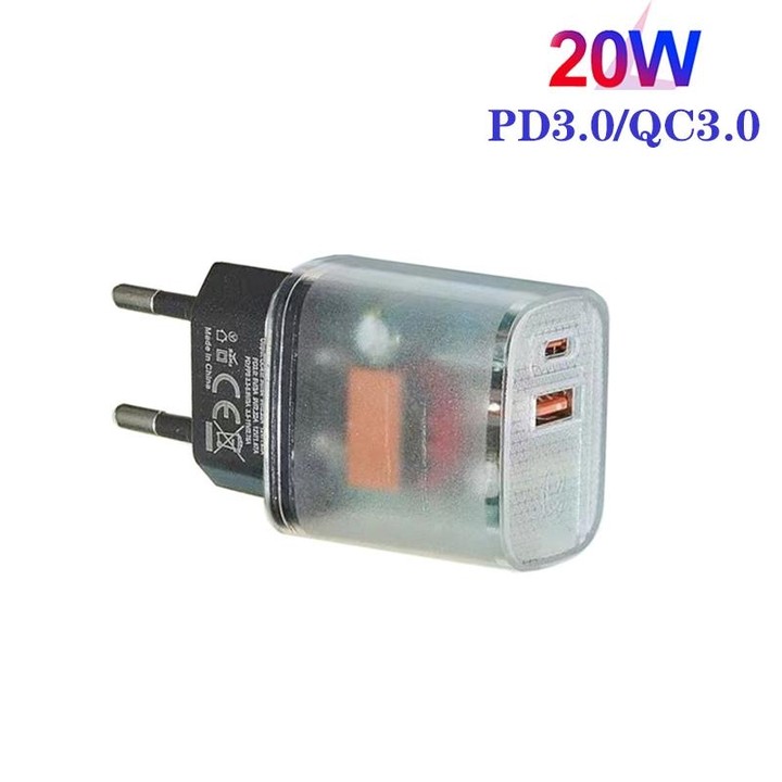 Transparent PD3.0 Type-C + QC3.0 USB Mobile Phone Charger, EU Plug(Transparent)