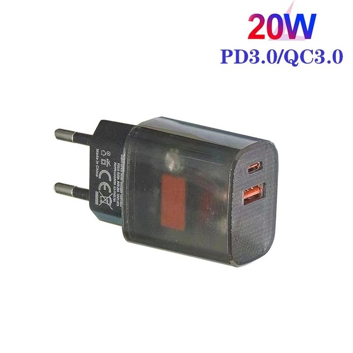 Transparent PD3.0 Type-C + QC3.0 USB Mobile Phone Charger, EU Plug(Transparent Gray)