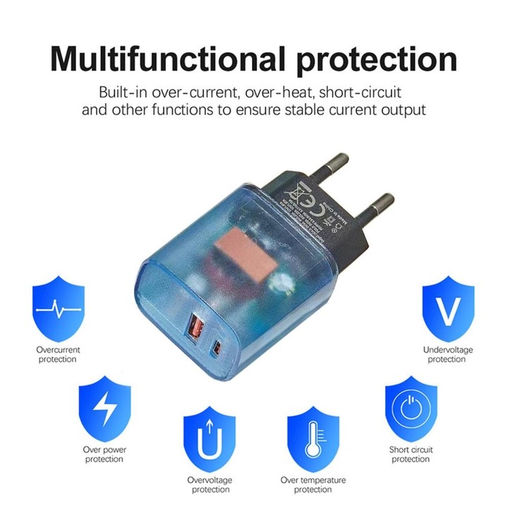 Transparent PD3.0 Type-C + QC3.0 USB Mobile Phone Charger, EU Plug(Transparent Gray)