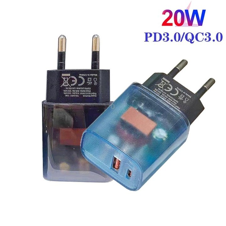 Transparent PD3.0 Type-C + QC3.0 USB Mobile Phone Charger, EU Plug(Transparent Blue)