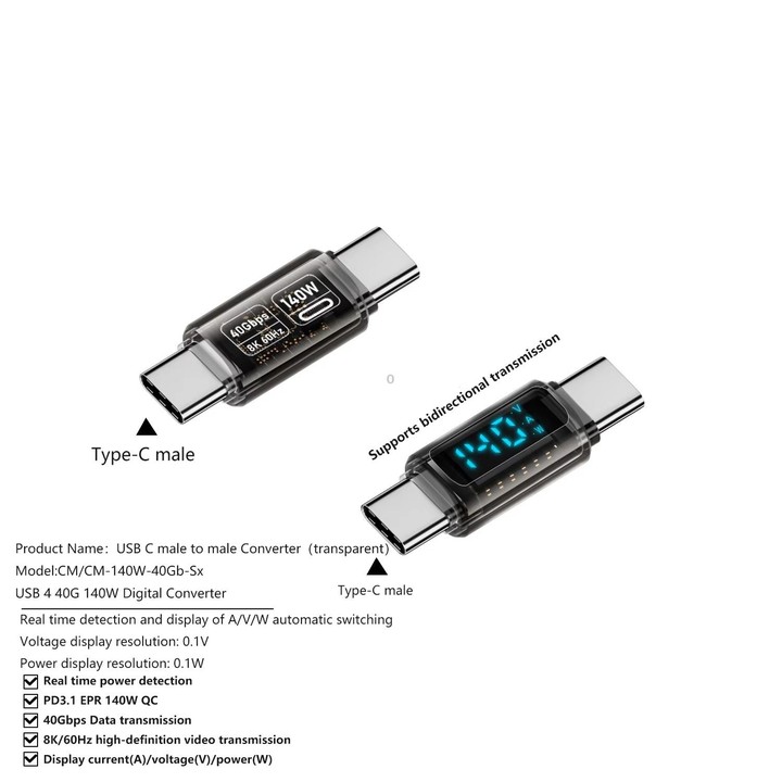 Type-C Male to Type-C Male 40Gbps Data Transmission PD140W Digital Display Adapter(Transparent Black)
