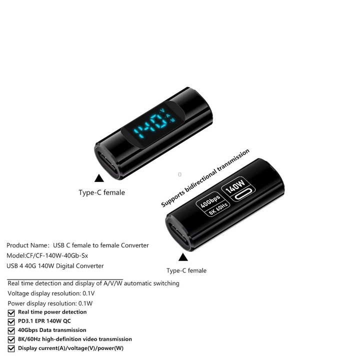 Type-C Female to Type-C Female 40Gbps Data Transmission PD140W Digital Display Adapter(Black)