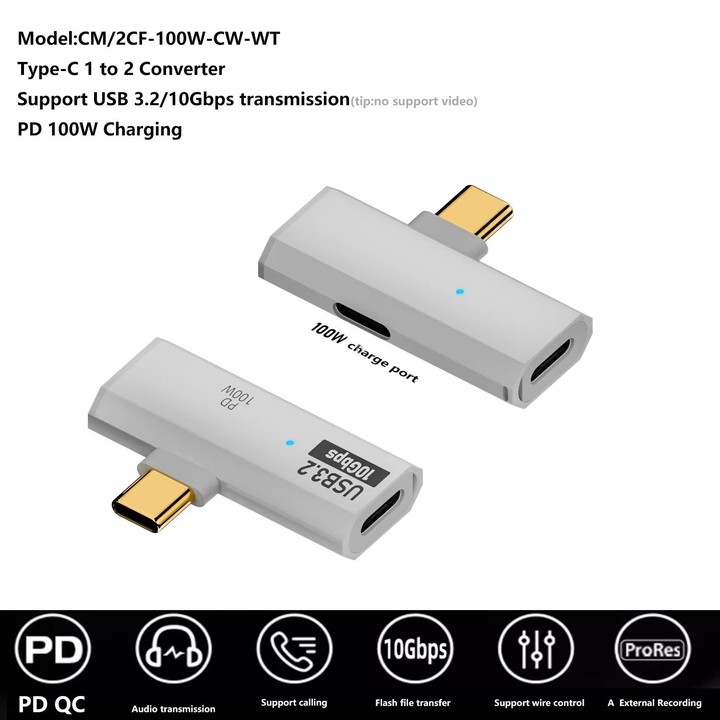 USB-C / Type-C Male to Dual Type-C Female USB3.2/10Gbps OTG Converter PD100W Charging Adapter(White)
