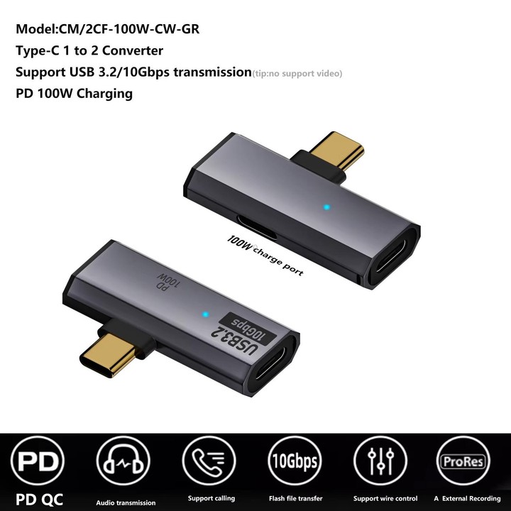 USB-C / Type-C Male to Dual Type-C Female USB3.2/10Gbps OTG Converter PD100W Charging Adapter(Gray)