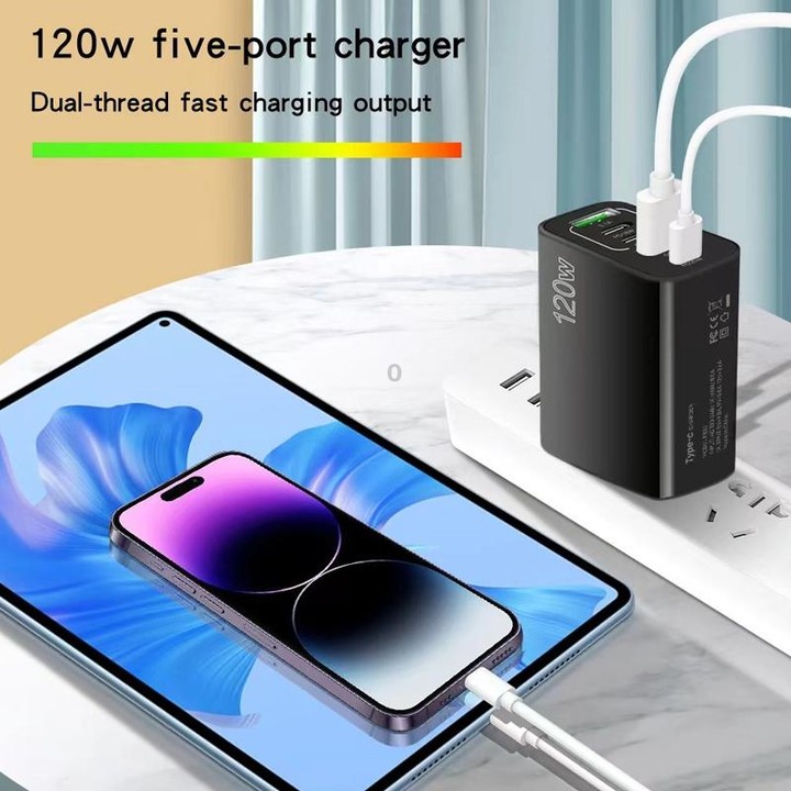 120W PD3.0 3 Type-C 2 USB Multi Port Quick Charger with Type-C to Type-C Cable, US Plug(Black)