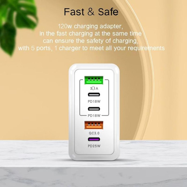 120W PD3.0 3 Type-C 2 USB Multi Port Quick Charger with Type-C to Type-C Cable, US Plug(Black)