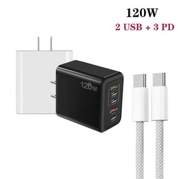 120W PD3.0 3 Type-C 2 USB Multi Port Quick Charger with Type-C to Type-C Cable, US Plug(Black)
