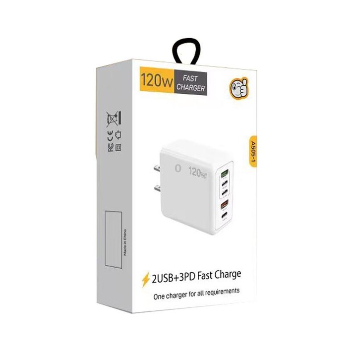 120W PD3.0 3 Type-C 2 USB Multi Port Quick Charger with Type-C to Type-C Cable, US Plug(Black)
