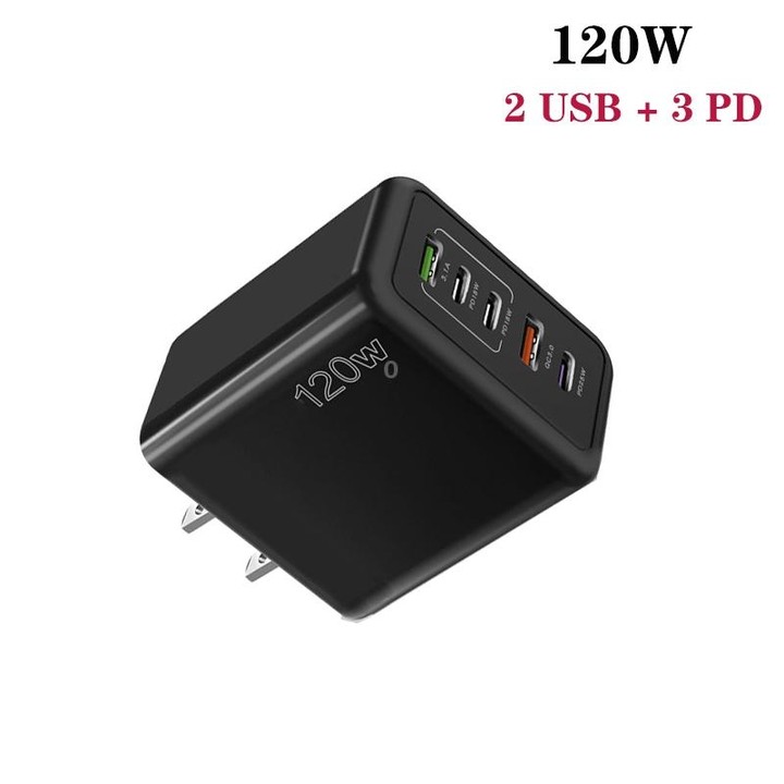 120W PD3.0 3 Type-C 2 USB Multi Port Quick Charger with Type-C to Type-C Cable, US Plug(Black)