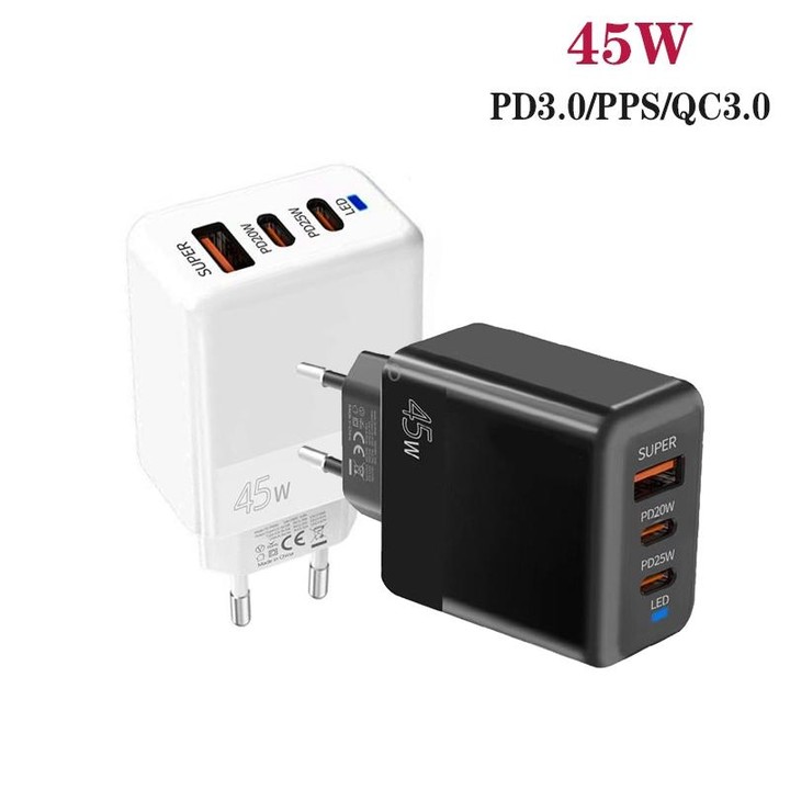 45W PD3.0 / PPS Type-C + QC3.0 USB Fully Compatible Protocol Charger, EU Plug(Black)