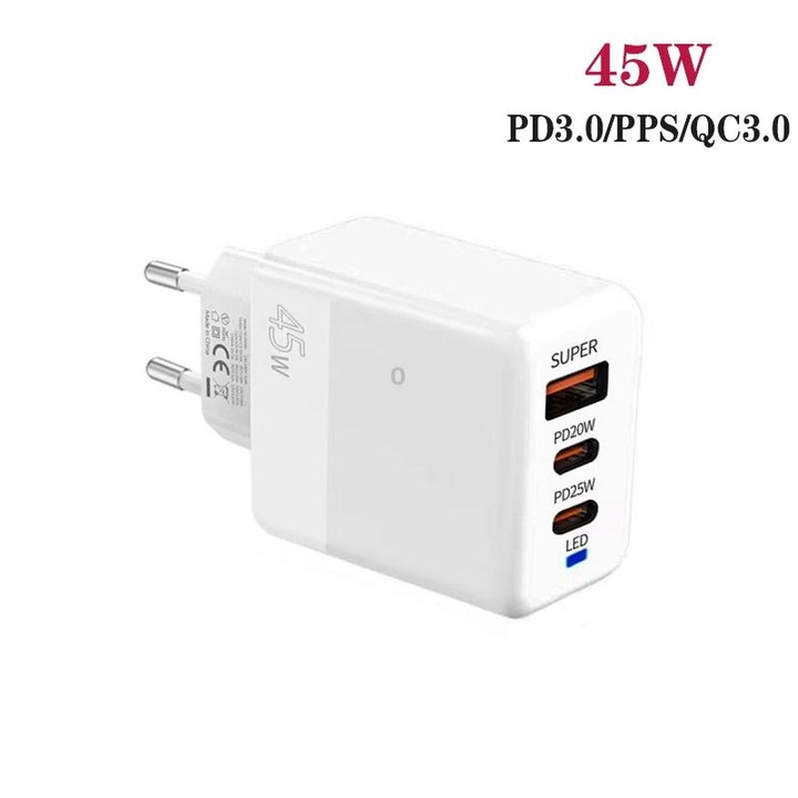 45W PD3.0 / PPS Type-C + QC3.0 USB Fully Compatible Protocol Charger, EU Plug(White)