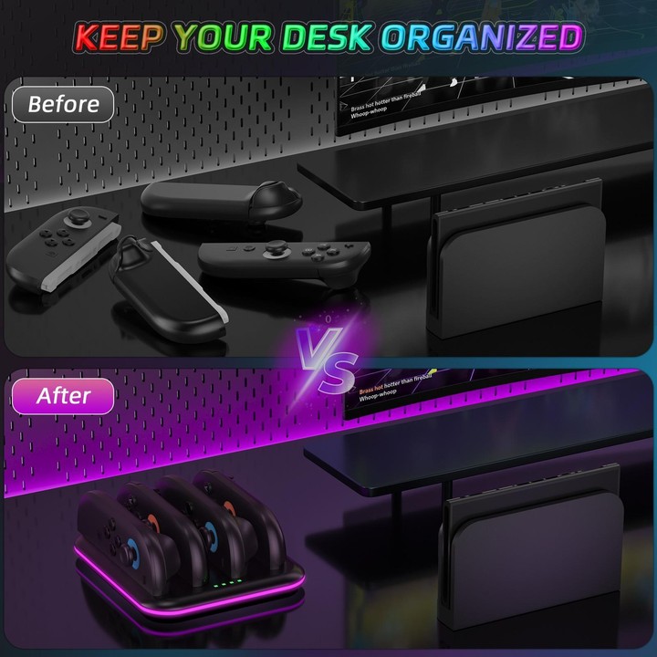For Nintendo Switch 2 Game Handle 4 Seat Horizontal Charging Cradle With RGB Dazzling Lights(Black)