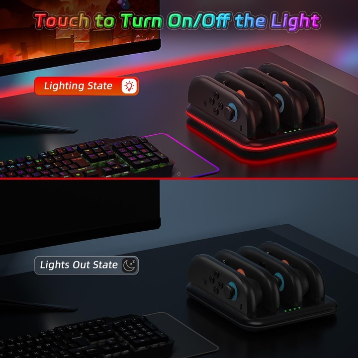 For Nintendo Switch 2 Game Handle 4 Seat Horizontal Charging Cradle With RGB Dazzling Lights(Black)