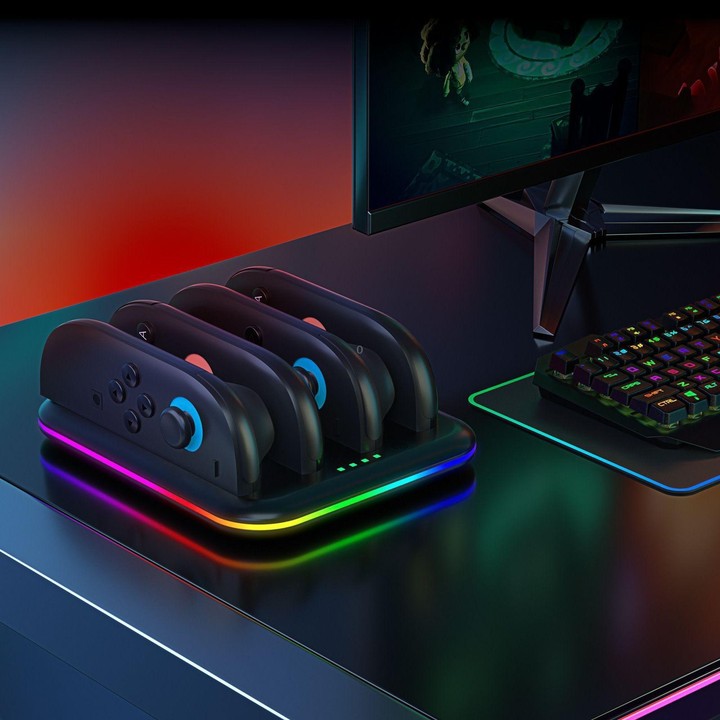 For Nintendo Switch 2 Game Handle 4 Seat Horizontal Charging Cradle With RGB Dazzling Lights(Black)