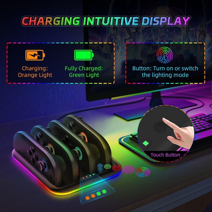 For Nintendo Switch 2 Game Handle 4 Seat Horizontal Charging Cradle With RGB Dazzling Lights(Black)
