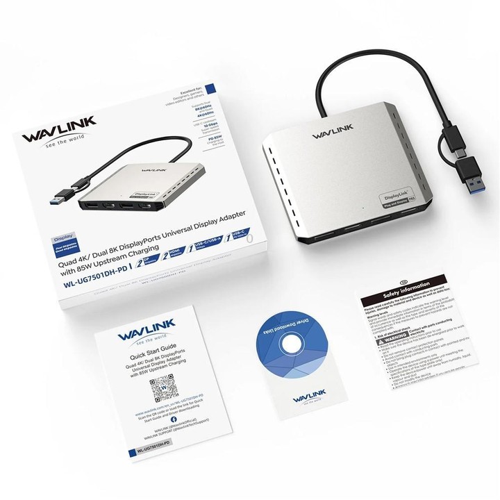 WAVLINK UG7501DH 85W Upstream Charging 2DP + 2HD Converter 4K / 8K Display Adapter
