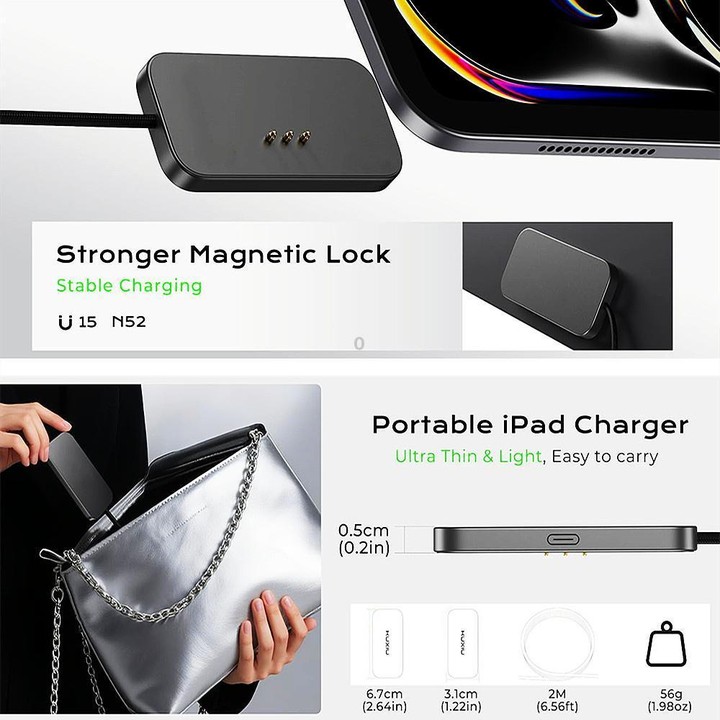 For iPad Pro 13 2025 Fast Charging Smart PIN Magnetic Charger Wireless Charging Pad with Type-C Cable