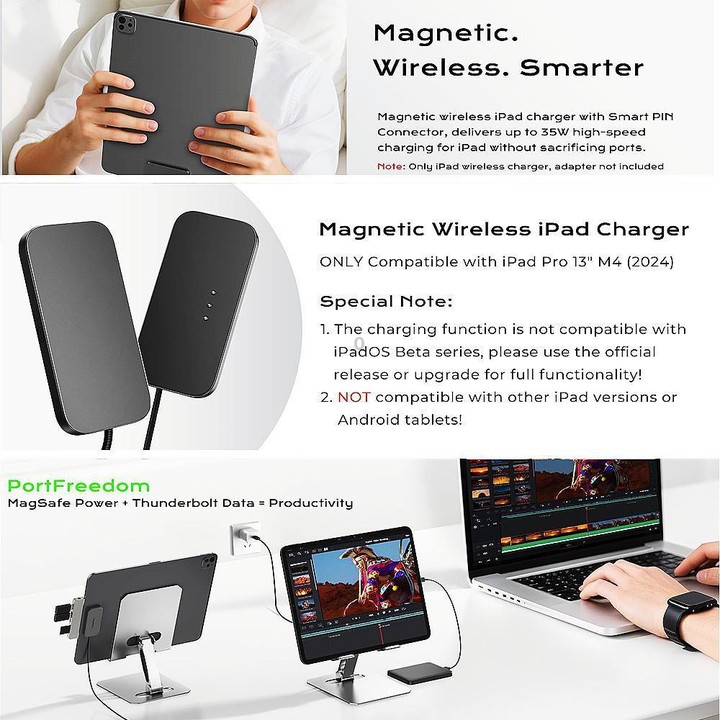 For iPad Pro 13 2025 Fast Charging Smart PIN Magnetic Charger Wireless Charging Pad with Type-C Cable