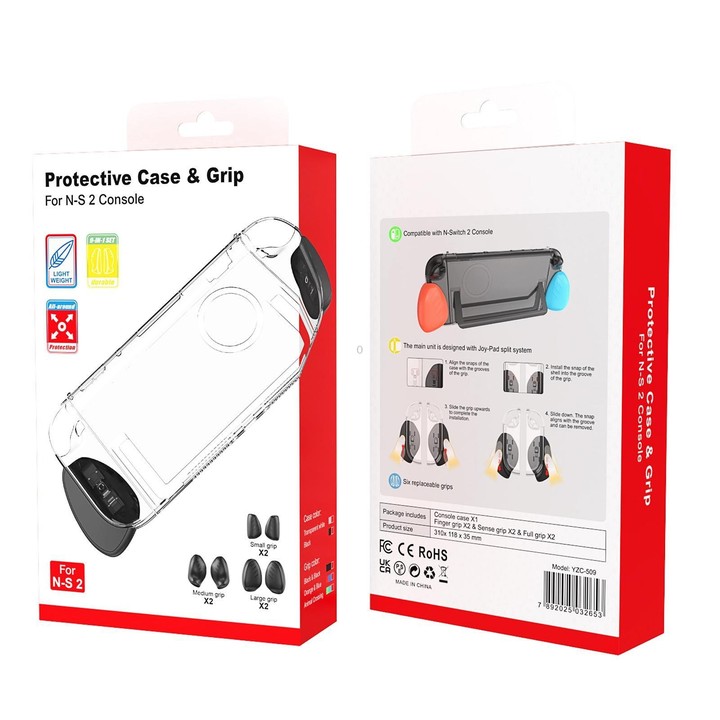 For Nintendo Switch 2 Split-style Console Protective Case with Three Sets of Interchangeable Grips (Large, Medium, Small)(Black