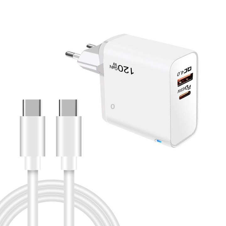 TE-PD65 GaN PD 65W + QC4.0 USB Charger with Type-C to Type-C Data Cable, EU Plug(White)