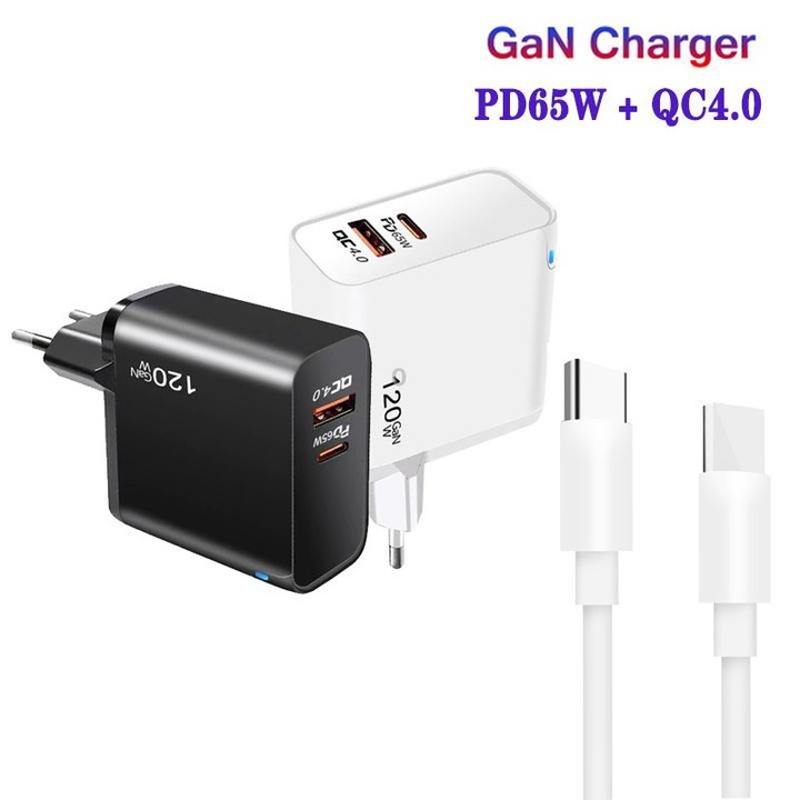 TE-PD65 GaN PD 65W + QC4.0 USB Charger with Type-C to Type-C Data Cable, EU Plug(White)