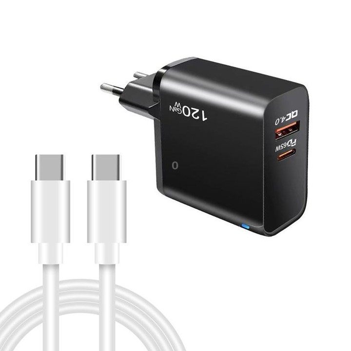 TE-PD65 GaN PD 65W + QC4.0 USB Charger with Type-C to Type-C Data Cable, EU Plug(Black)