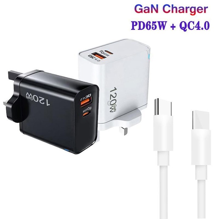 TE-PD65 GaN PD 65W + QC4.0 USB Charger with Type-C to Type-C Data Cable, UK Plug(Black)
