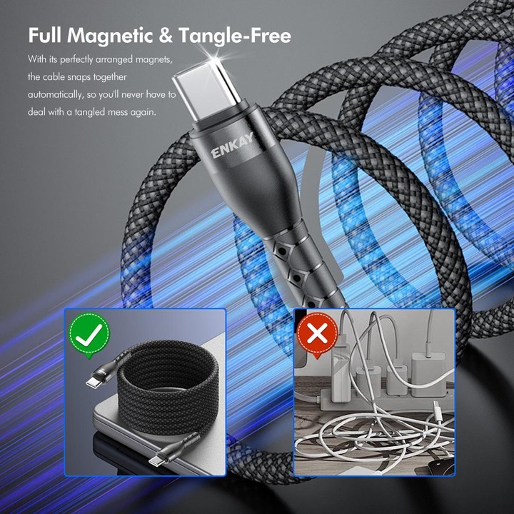 ENKAY PD100W Type-C to Type-C Magnetic Self-Coiling Braided Charging Data Cable, Length:1m(White)