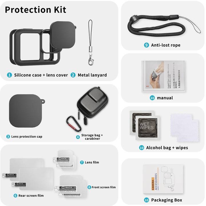For GoPro HERO13 Black Silicone Case with Lens Cap + 2 Sets Tempered Glass Film + Battery Side Cover + Storage Bag Set