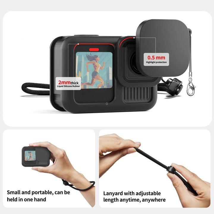For GoPro HERO13 Black Silicone Case with Lens Cap + 2 Sets Tempered Glass Film + Battery Side Cover + Storage Bag Set
